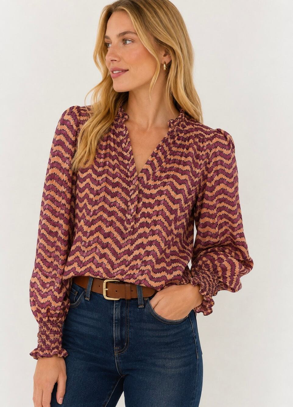 Oliphant Geometric Smocked Button Up Cotton Swing Fit Top Size XL